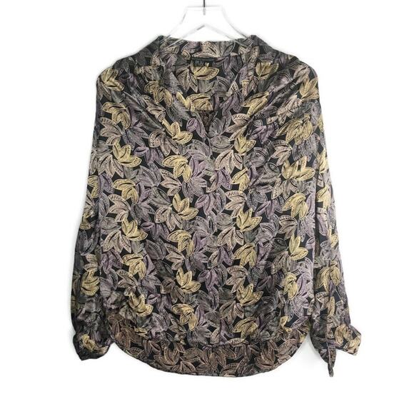 Harve Benard Silk Leaf Print Long Sleeve Blouse 8 - Picture 1 of 8